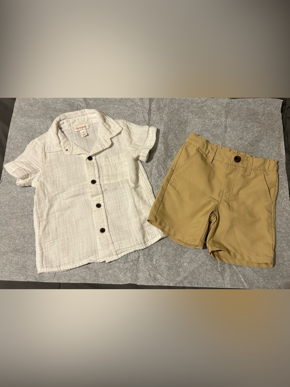 Cat & Jack White Gauze Short-Sleeve Button Shirt with Tan Shorts